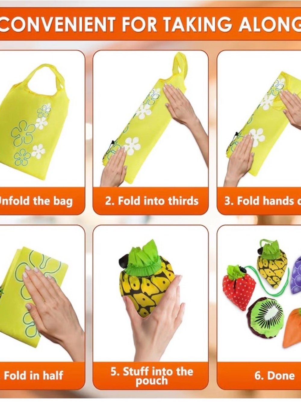 Pick One - Foldable Fruit Reusable Shopping Tote Bag with Carrying Pouch - Picture 7 of 7